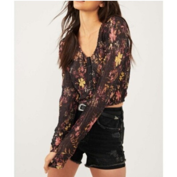 Free People Tops - Free People Angelina Floral Long Sleeve Top - Black and Pink XS EUC